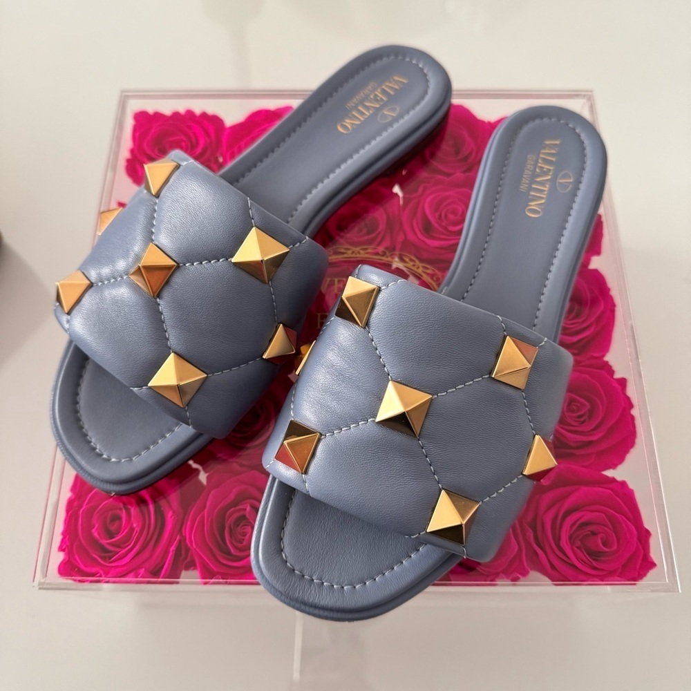 Valentino Roman Stud Flat Slide Sandal In Quilted Nappa Slipper size 38 /8 - Picture 6 of 14